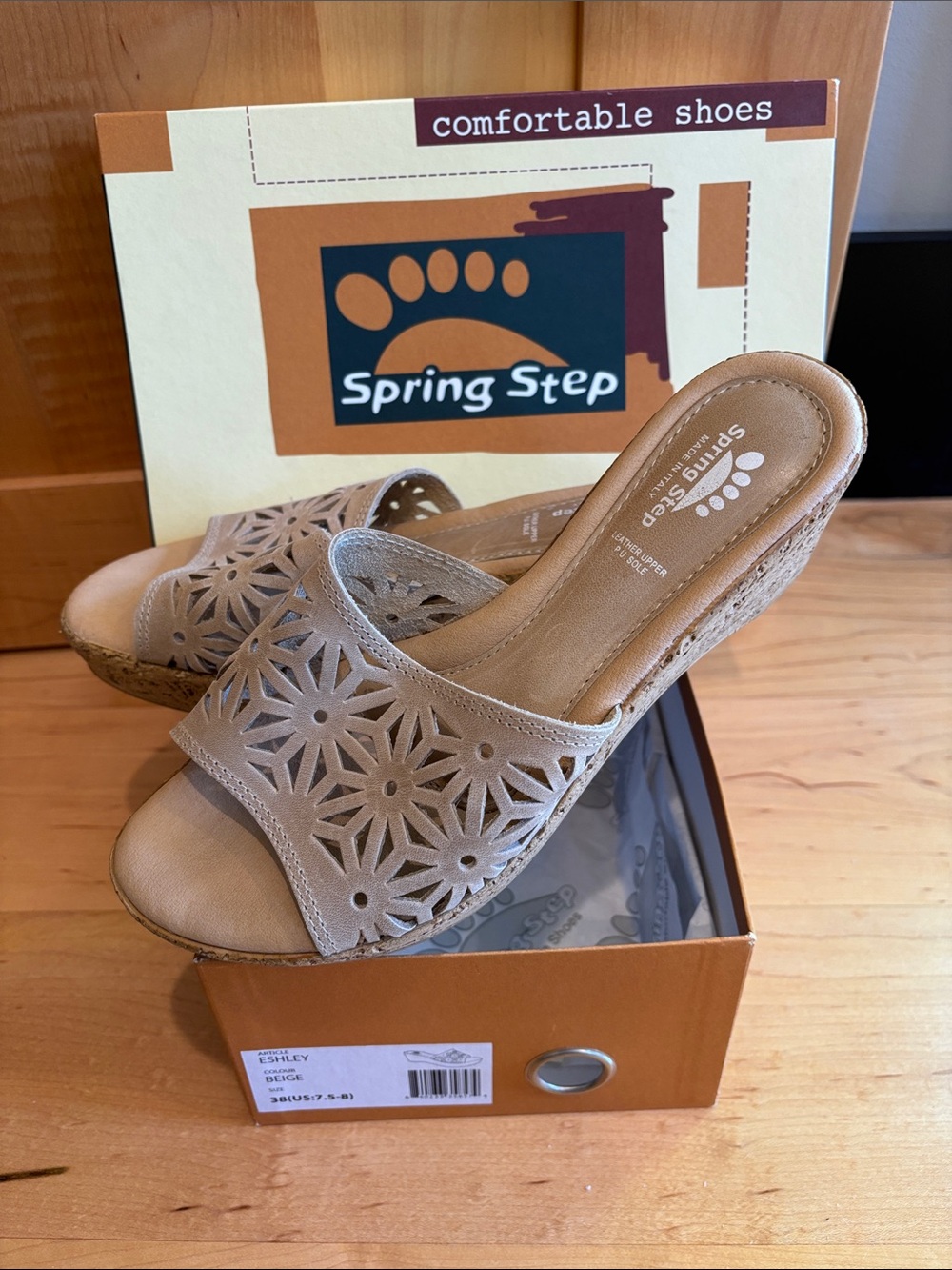 Spring Step Taupe Laser-Cut Wedge Mules